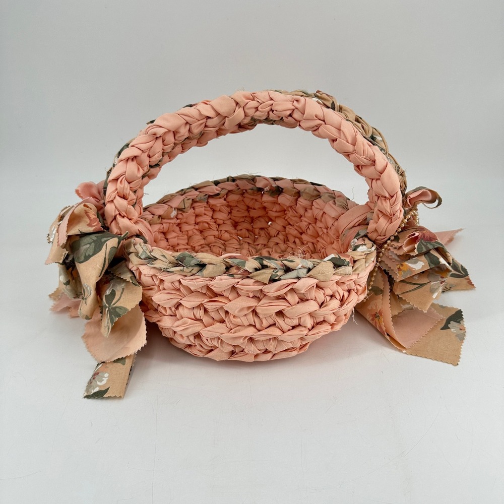Handmade Peach Floral Woven Fabric Basket with Bows and Pearls Cottagecore Decor